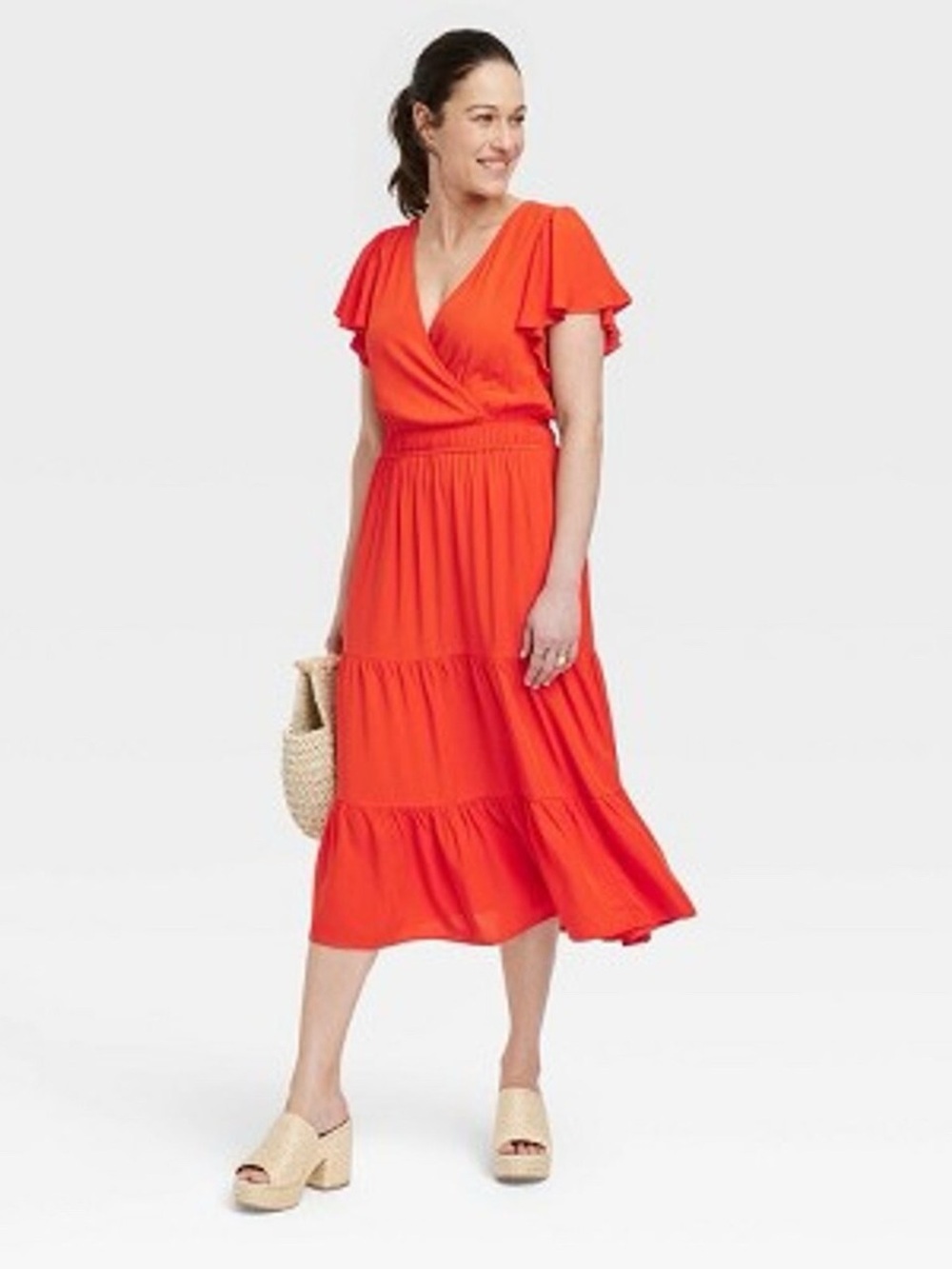 Knox Rose Women's V-Neck Tiered Midi Dress - Orange